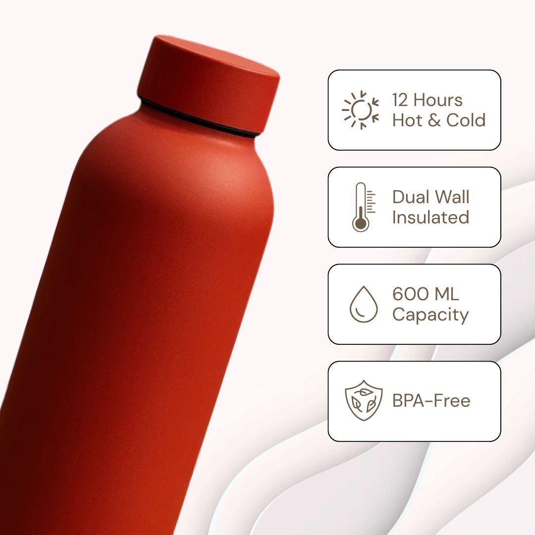 The Hydrate Go Bottle | 600ML | 12-Hour Hot & Cold | Matte Finish + Custom Engraving Riot Red