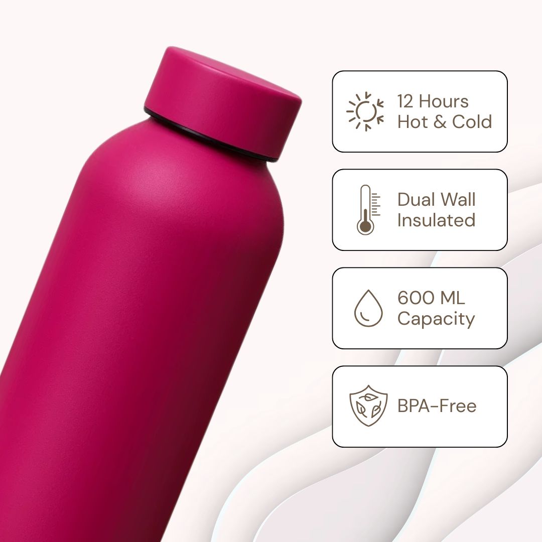 The Hydrate Go Bottle | 600ML | 12-Hour Hot & Cold | Matte Finish + Custom Engraving Hot Pink