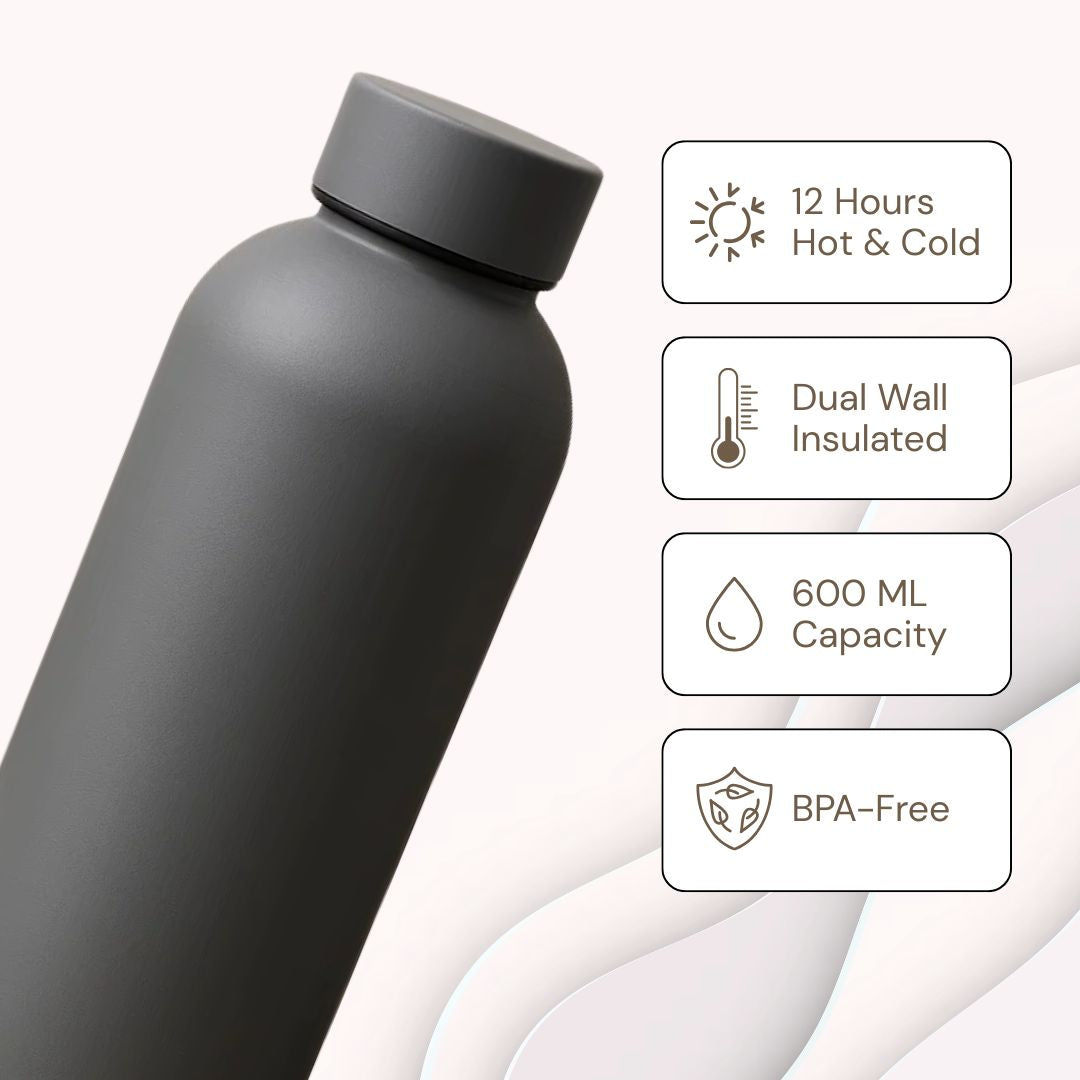 The Hydrate Go Bottle | 600ML | 12-Hour Hot & Cold | Matte Finish + Custom Engraving Ghost Gray