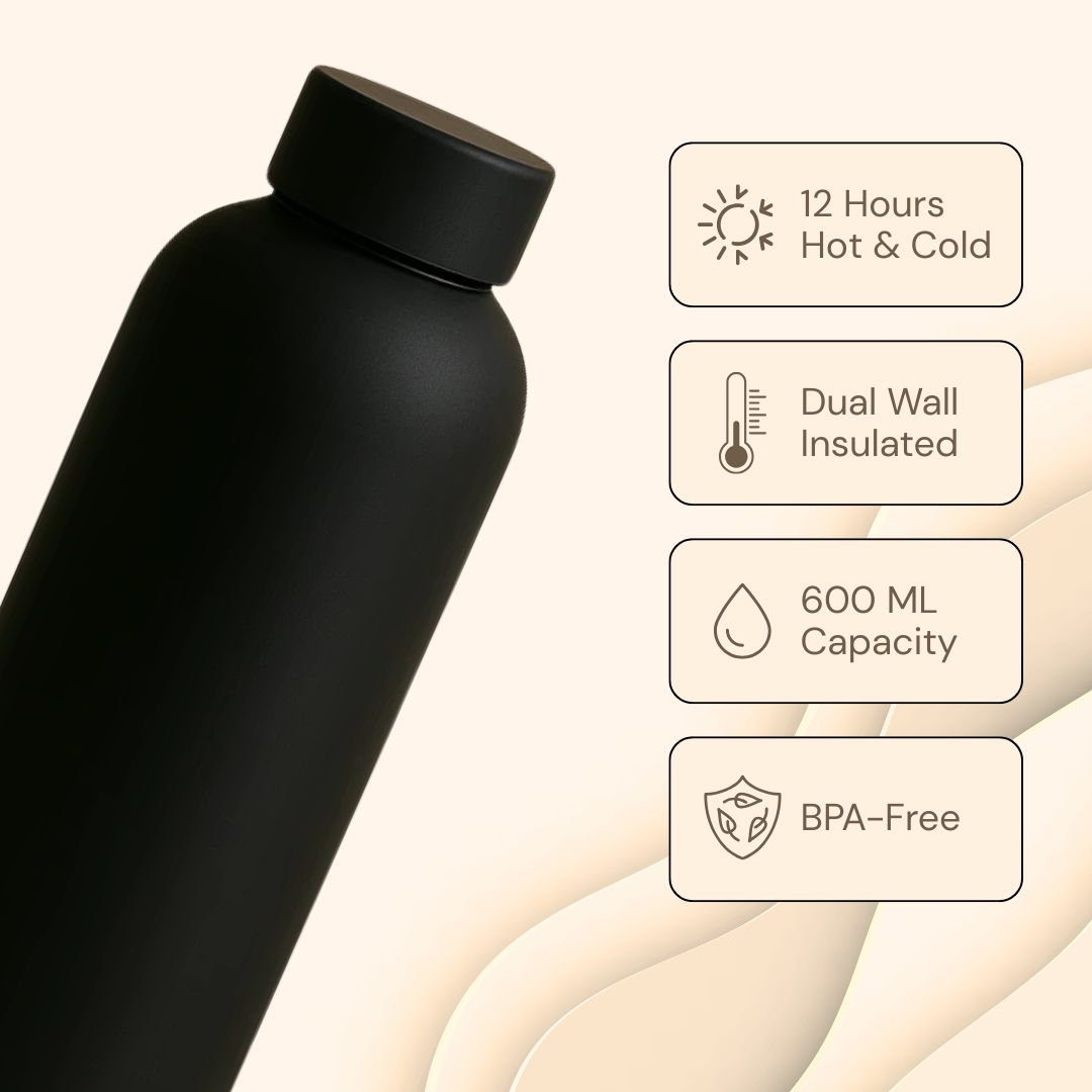 The Hydrate Go Bottle | 600ML | 12-Hour Hot & Cold | Matte Finish + Custom Engraving Phantom Black