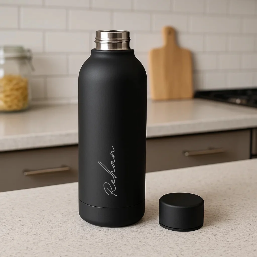 The Hydrate Go Bottle | 600ML | 12-Hour Hot & Cold | Matte Finish + Custom Engraving Phantom Black