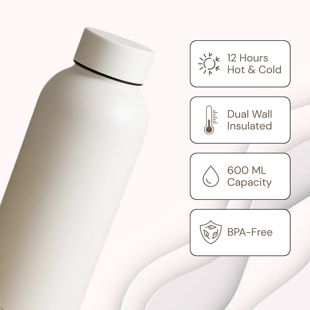 The Hydrate Go Bottle | 600ML | 12-Hour Hot & Cold | Matte Finish + Custom Engraving Frost White