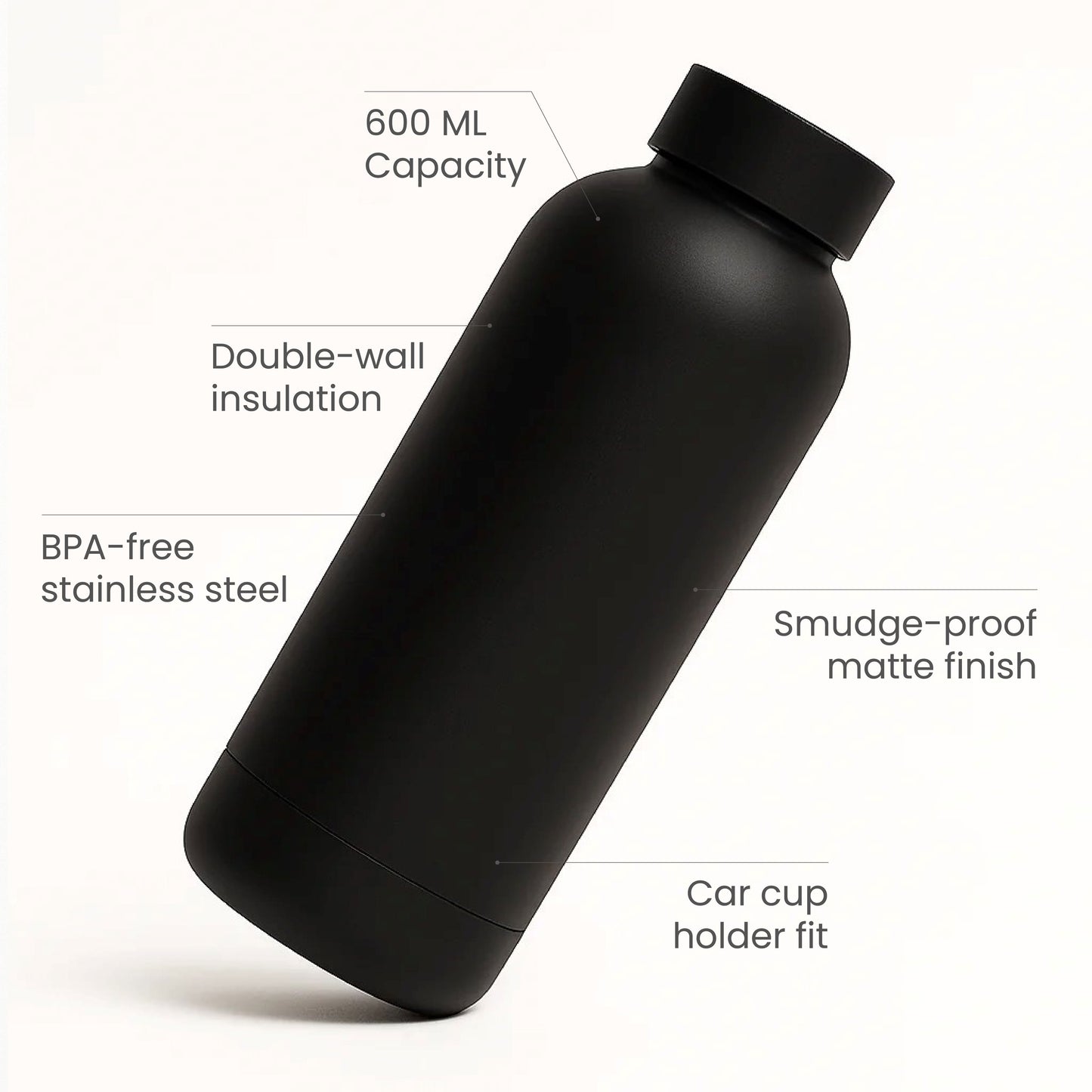 The Hydrate Go Bottle | 600ML | 12-Hour Hot & Cold | Matte Finish + Custom Engraving Phantom Black