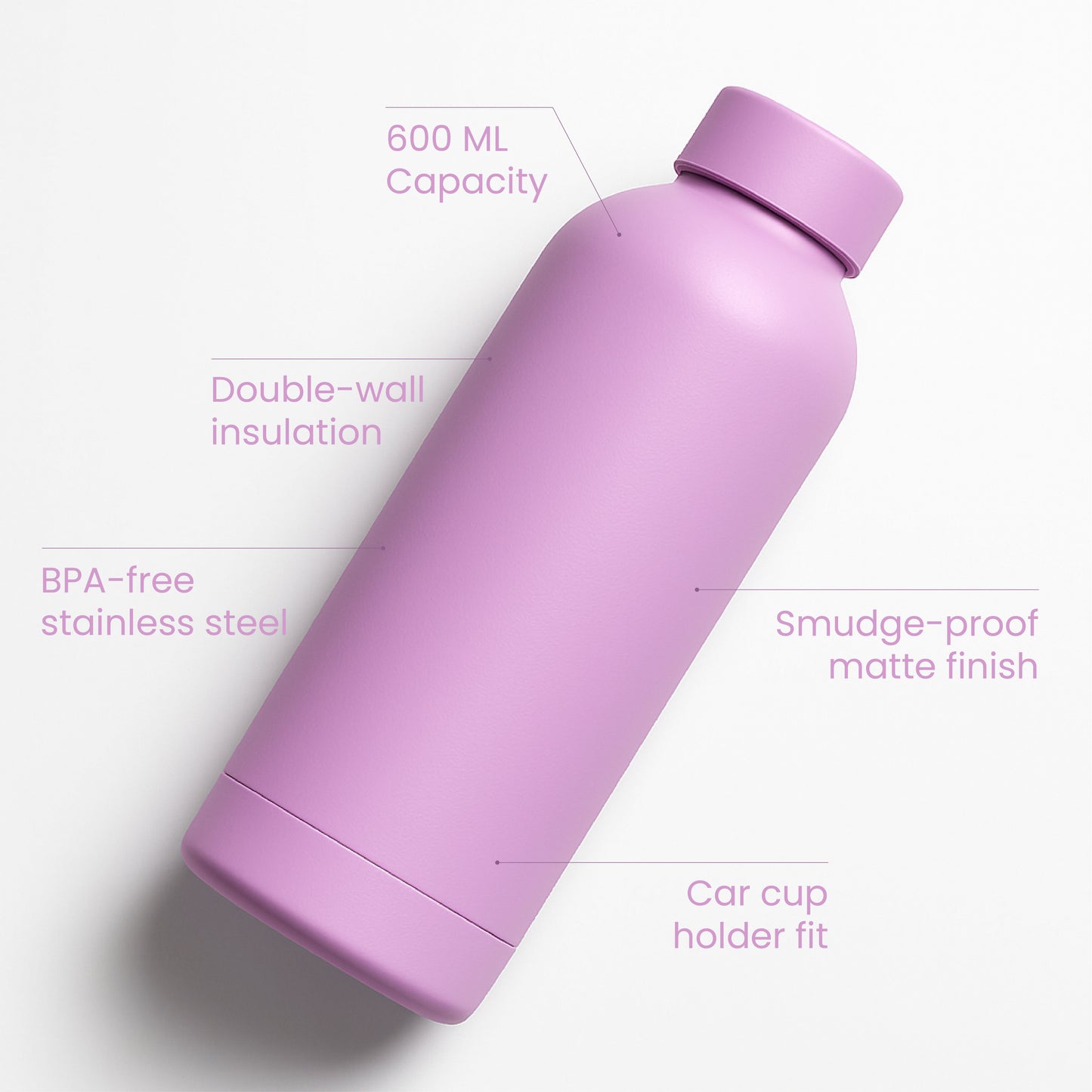The Hydrate Go Bottle | 600ML | 12-Hour Hot & Cold | Matte Finish + Custom Engraving Lush Lilac
