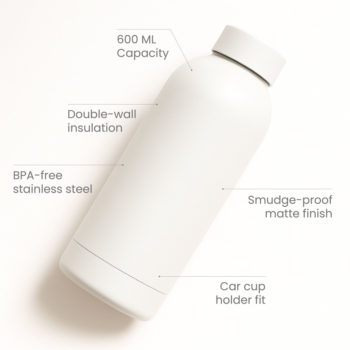 The Hydrate Go Bottle | 600ML | 12-Hour Hot & Cold | Matte Finish + Custom Engraving Frost White