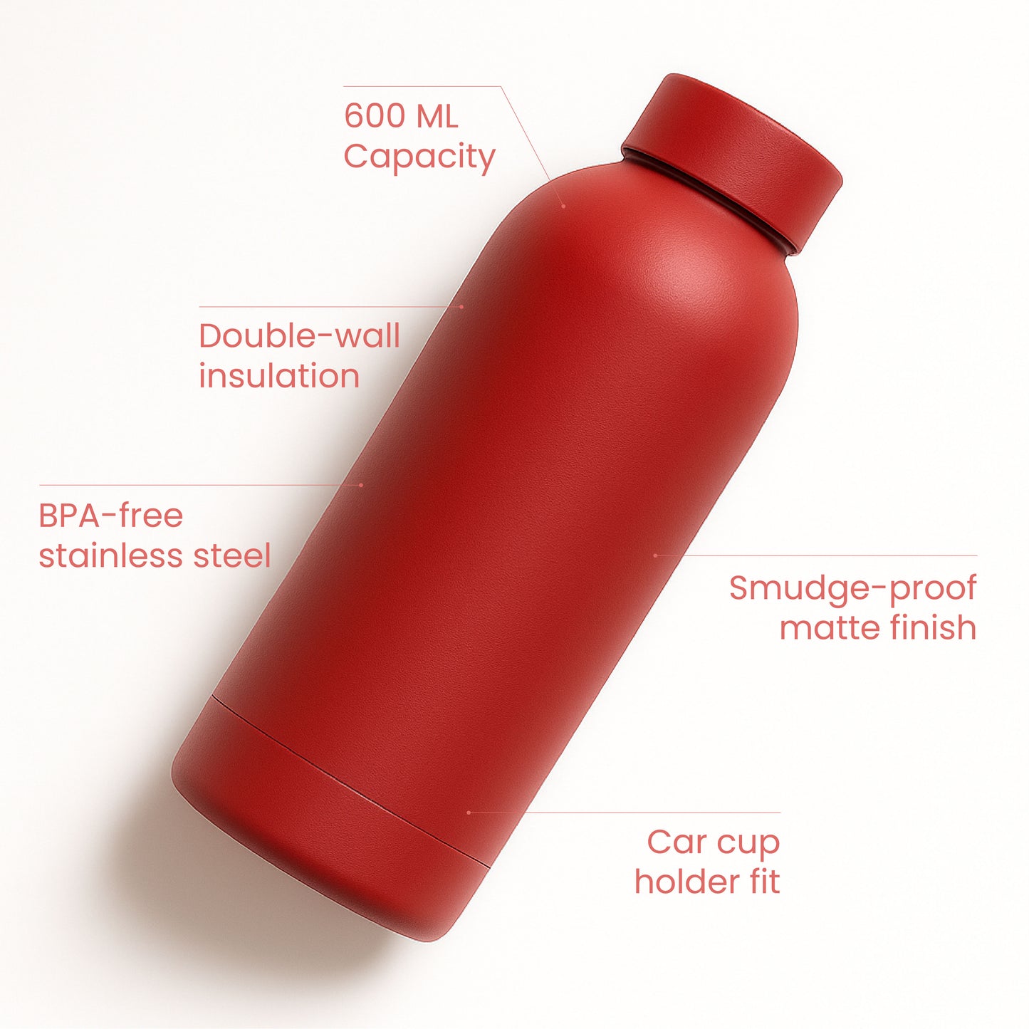 The Hydrate Go Bottle | 600ML | 12-Hour Hot & Cold | Matte Finish + Custom Engraving Riot Red