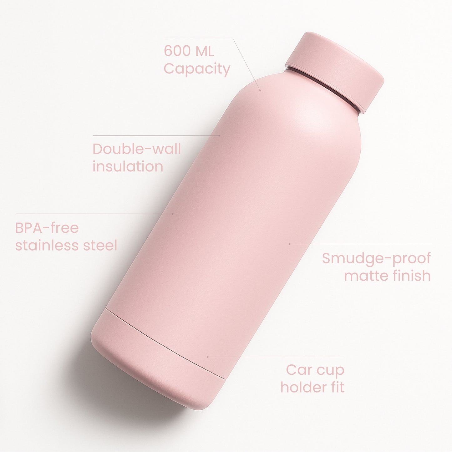 The Hydrate Go Bottle | 600ML | 12-Hour Hot & Cold | Matte Finish + Custom Engraving Pookie Pink