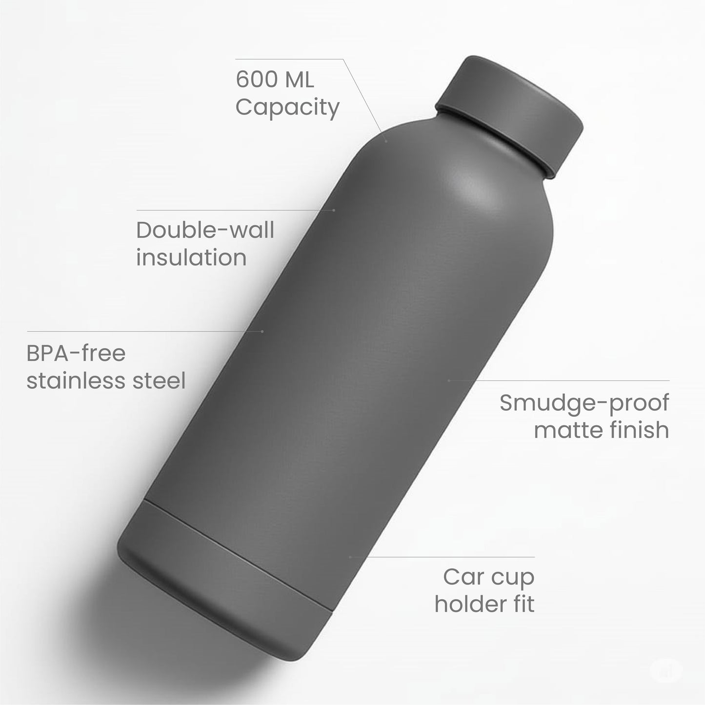 The Hydrate Go Bottle | 600ML | 12-Hour Hot & Cold | Matte Finish + Custom Engraving Ghost Gray