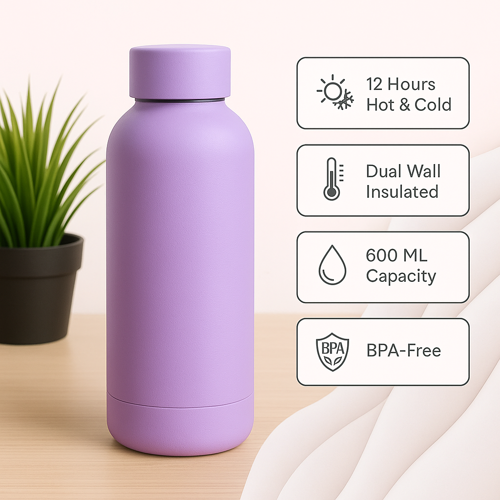 The Hydrate Go Bottle | 600ML | 12-Hour Hot & Cold | Matte Finish + Custom Engraving Lush Lilac
