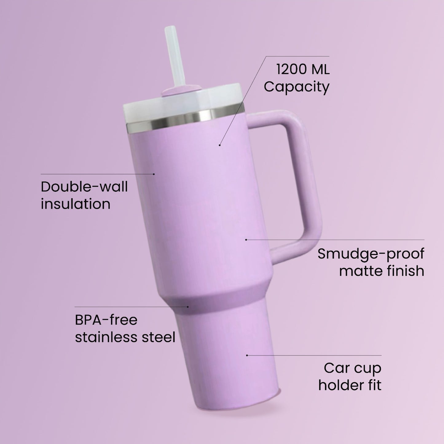 The Everyday Tumbler | 1200 ML | Insulated, Matte Finish + Custom Engraving | Free Leakproof Kit! Lilac