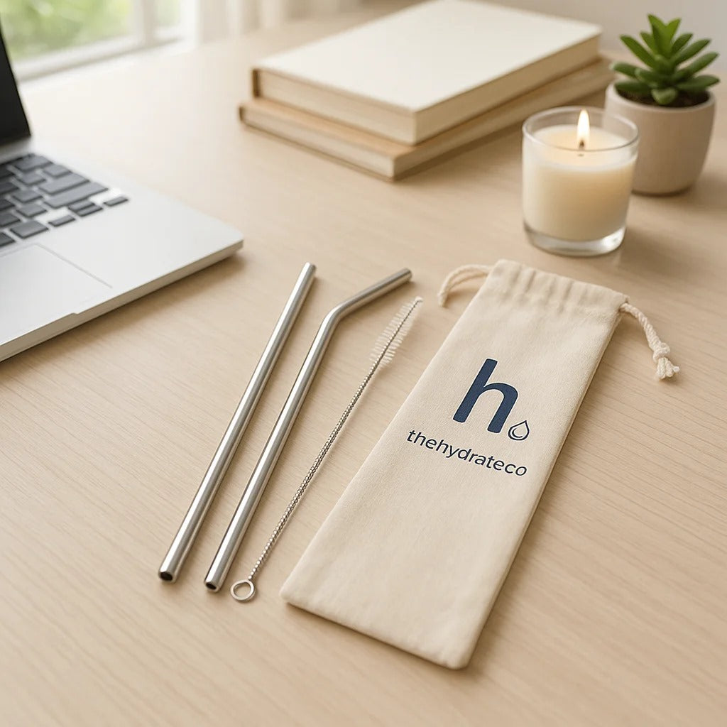 Stainless Steel Straw Set For Tumblers | Includes Bent & Straight Straw, Cleaner & Travel Pouch | Reusable + Rust-Resistant |