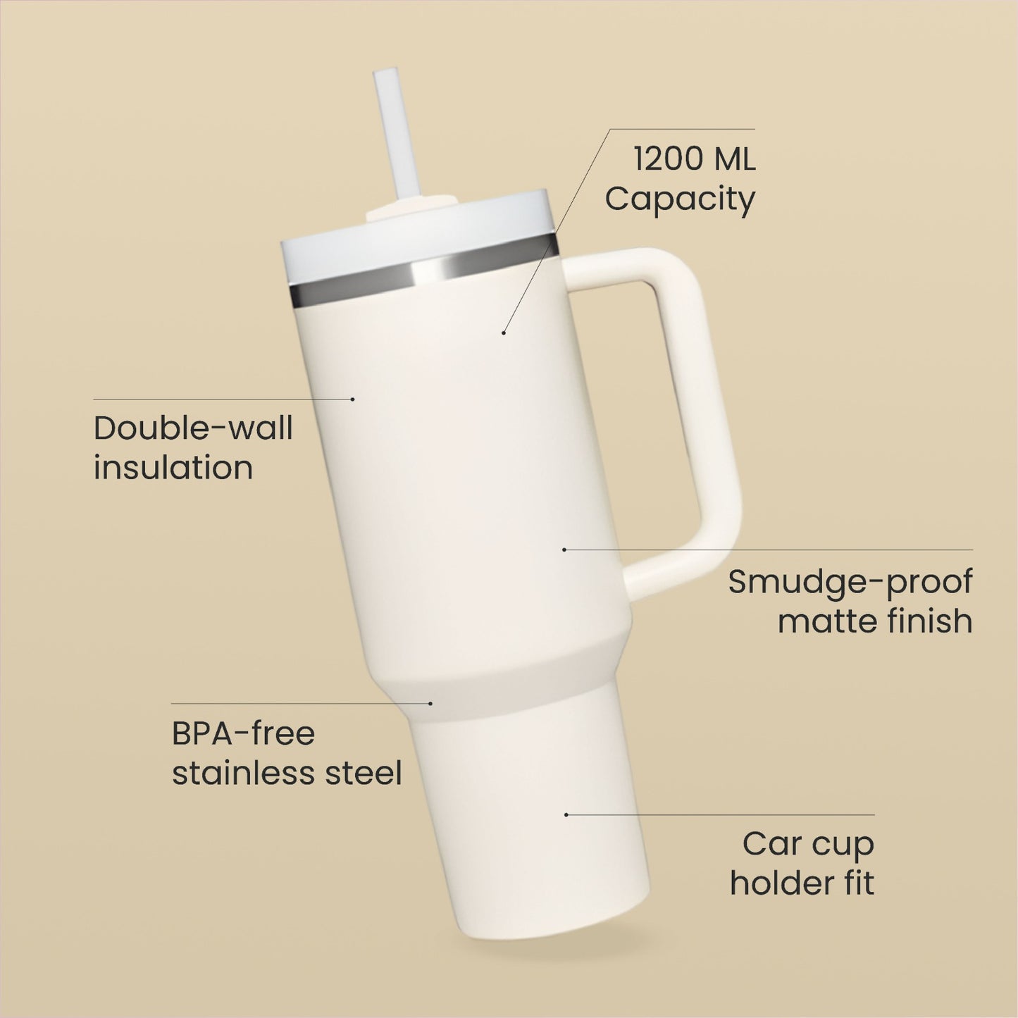 The Everyday Tumbler | 1200 ML | Insulated, Matte Finish + Custom Engraving | Free Leakproof Kit! Tiramisu Cream