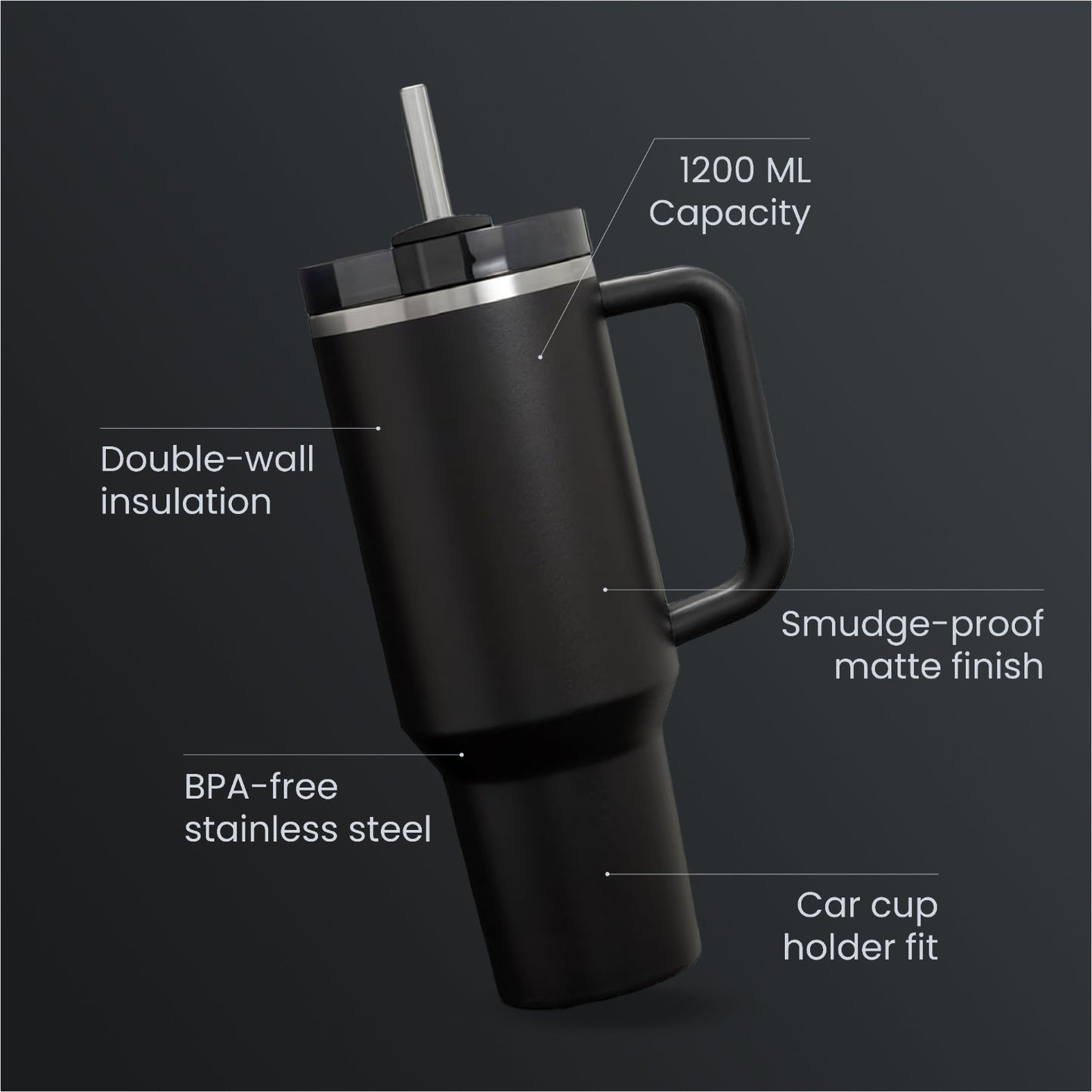 The Everyday Tumbler | 1200 ML | Insulated, Matte Finish + Custom Engraving | Free Leakproof Kit! Phantom Black