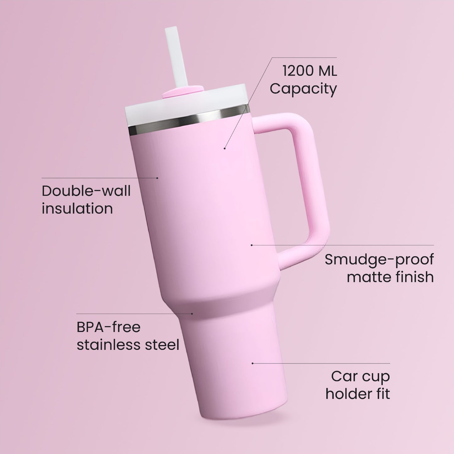 The Everyday Tumbler | 1200 ML | Insulated, Matte Finish + Custom Engraving | Free Leakproof Kit! Pookie Pink