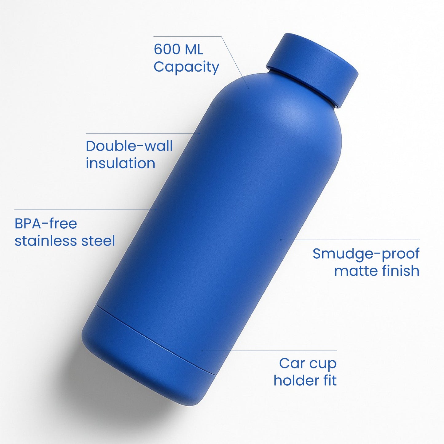 The Hydrate Go Bottle | 600ML | 12-Hour Hot & Cold | Matte Finish + Custom Engraving Breeze Blue