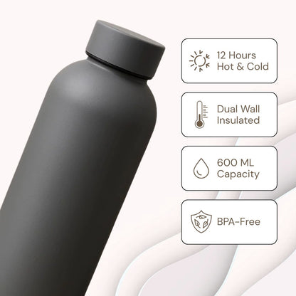 The Hydrate Go Bottle | 600ML | 12-Hour Hot & Cold | Matte Finish + Custom Engraving Ghost Gray