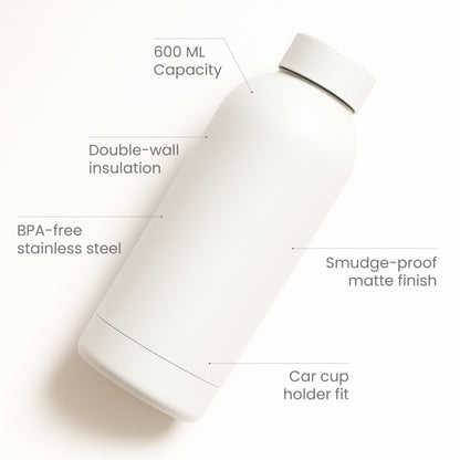 The Hydrate Go Bottle | 600ML | 12-Hour Hot & Cold | Matte Finish + Custom Engraving Frost White