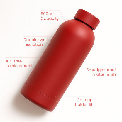 The Hydrate Go Bottle | 600ML | 12-Hour Hot & Cold | Matte Finish + Custom Engraving Riot Red