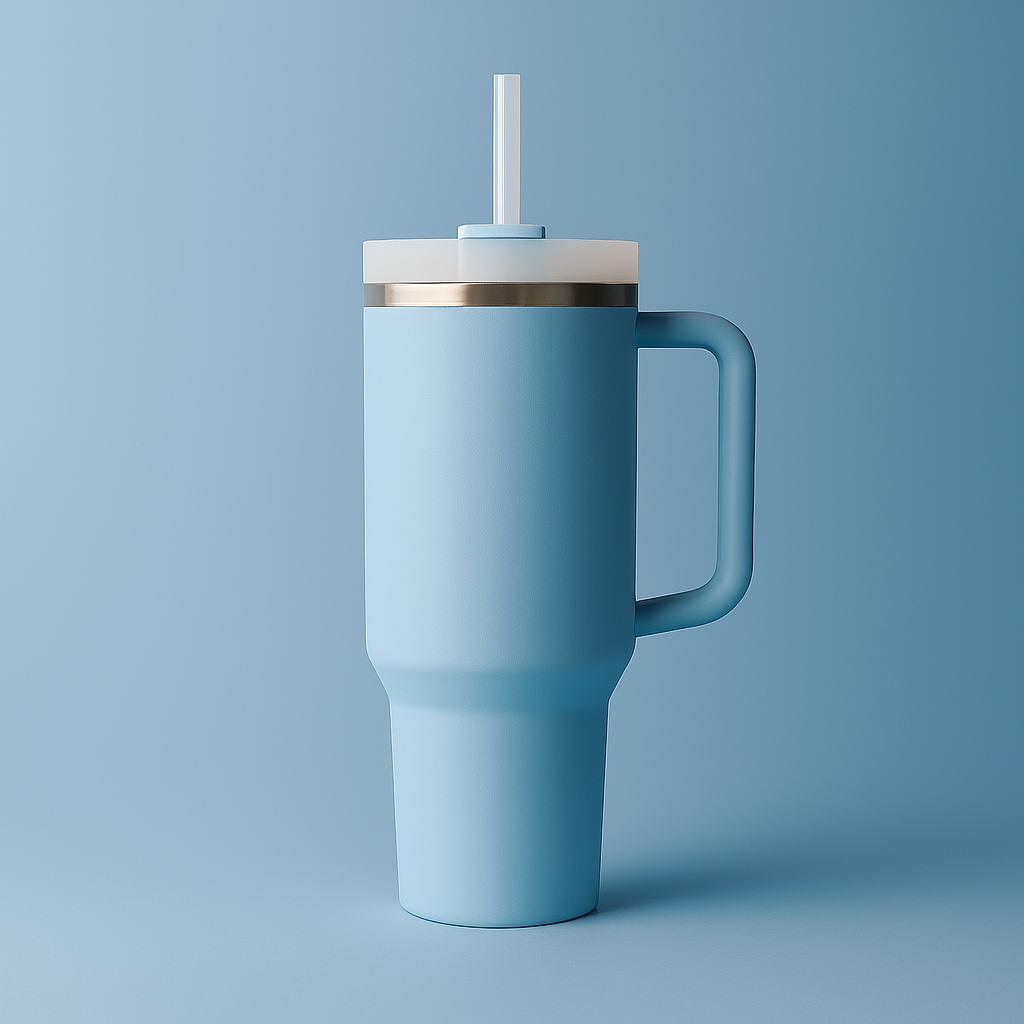 Blue insulated tumbler with handle and straw on a blue background