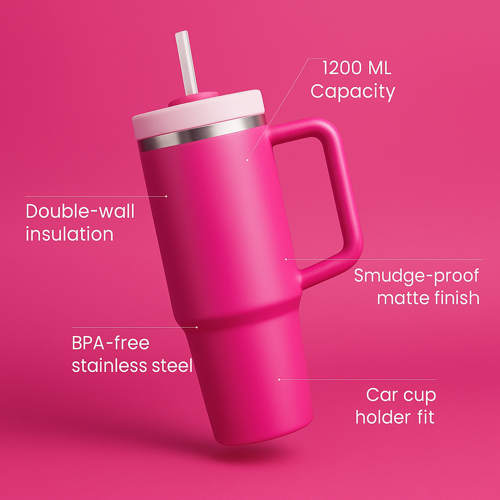 The Everyday Tumbler | 1200 ML | Insulated, Matte Finish + Custom Engraving | Free Leakproof Kit! Barbie Pink