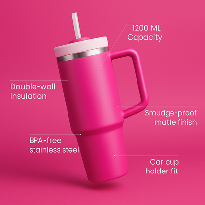 The Everyday Tumbler | 1200 ML | Insulated, Matte Finish + Custom Engraving | Free Leakproof Kit! Barbie Pink