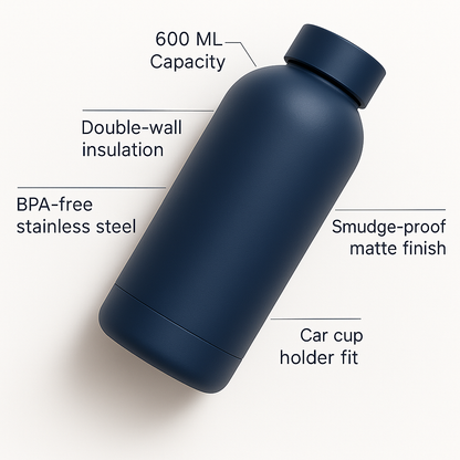 The Hydrate Go Bottle | 600ML | 12-Hour Hot & Cold | Matte Finish + Custom Engraving Midnight Blue