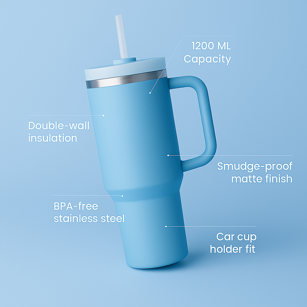 The Everyday Tumbler | 1200 ML | Insulated, Matte Finish + Custom Engraving | Free Leakproof Kit! Cloudy Blue