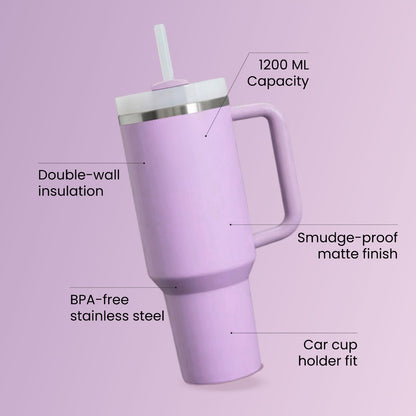 The Everyday Tumbler | 1200 ML | Insulated, Matte Finish + Custom Engraving | Free Leakproof Kit! Lilac