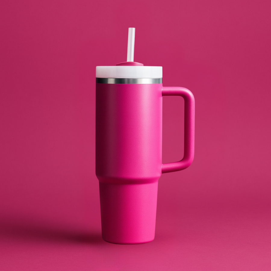 Pink mug with a handle and straw on a pink background