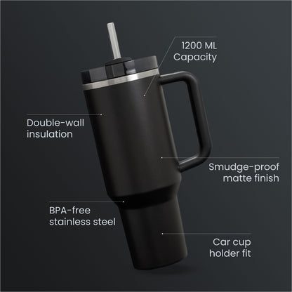 The Everyday Tumbler | 1200 ML | Insulated, Matte Finish + Custom Engraving | Free Leakproof Kit! Phantom Black