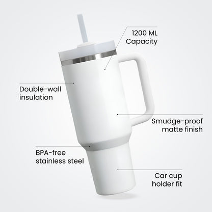 The Everyday Tumbler | 1200 ML | Insulated, Matte Finish + Custom Engraving | Free Leakproof Kit! Frost White