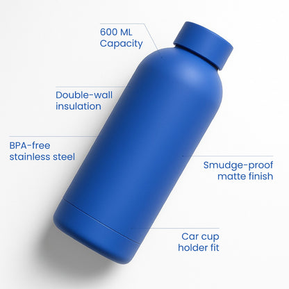 The Hydrate Go Bottle | 600ML | 12-Hour Hot & Cold | Matte Finish + Custom Engraving Breeze Blue